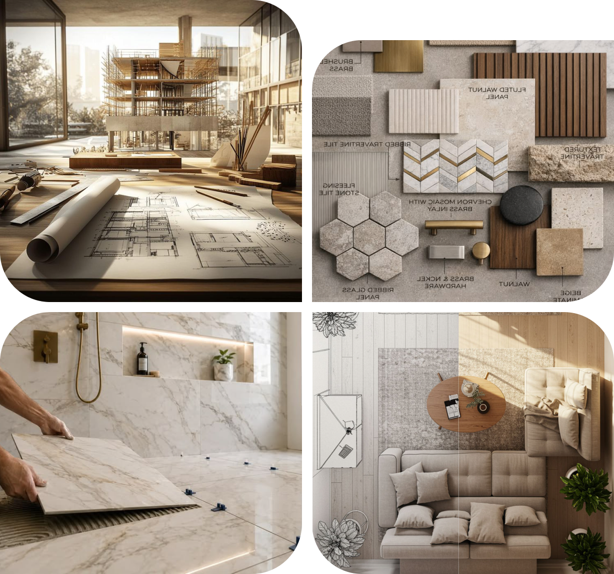 ELYMANI architectural facade, interior materials, marble execution, and living design